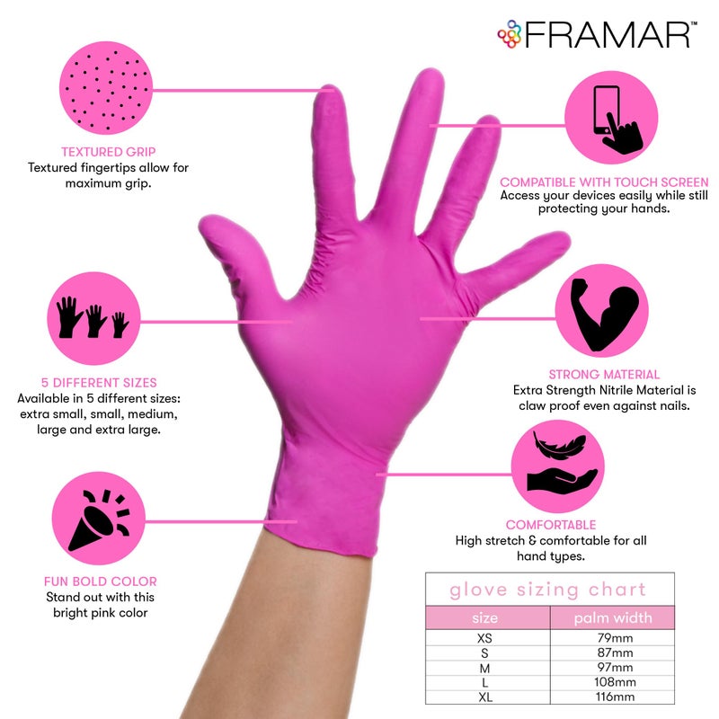 فرامار قفازات FRAMAR الوردية التي يمكن التخلص منها خالية من اللاتكس XS - قفازات النتريل الوردية xs، قفازات النتريل xs، قفازات النتريل xs، قفازات التنظيف المطاطية، قفازات وردية يمكن التخلص منها لصبغ الشعر، قفازات صبغ الشعر - 100p - Image 2